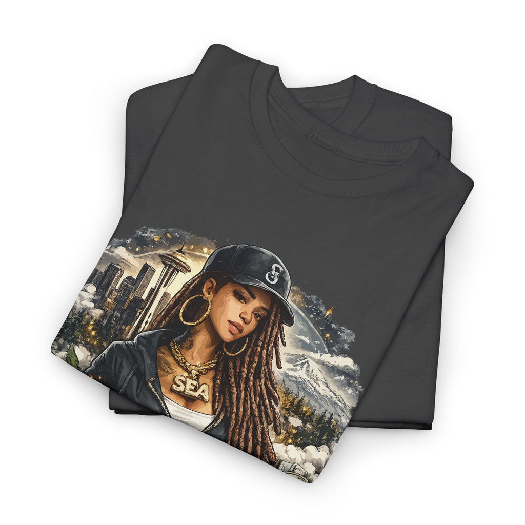 Seattle Cityscape Tee — Woman Portrait Coffee & Skyline Graphic T-Shirt – Bamerix