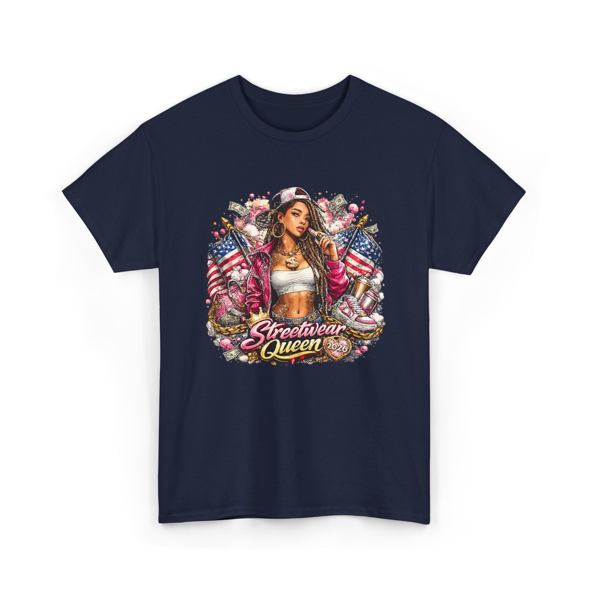 Streetwear Queen Tee — Retro Chicana Art American Flag Graphic T-Shirt – Bamerix