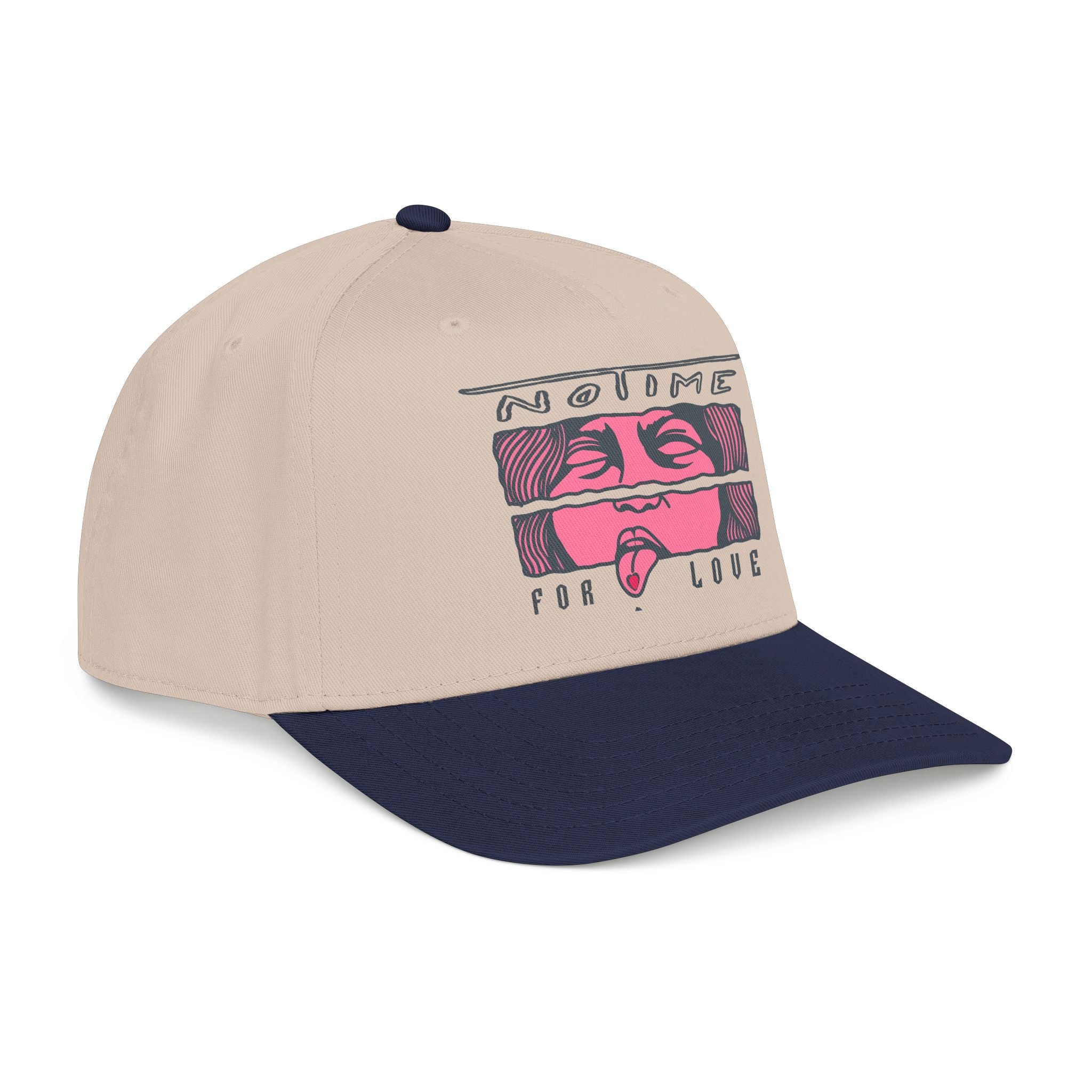 Beige and navy cap with graphic design and text on a white background – Bamerix