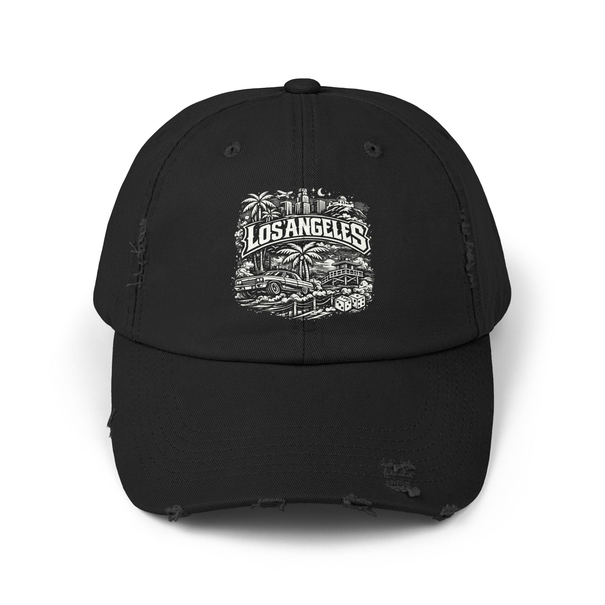 Black cap with 'Los Angeles' design on a white background