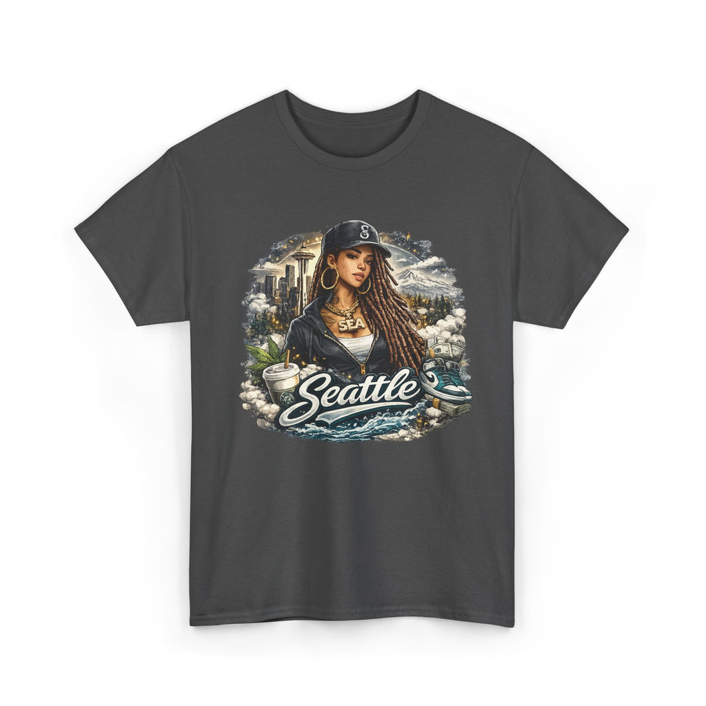Seattle Cityscape Tee — Woman Portrait Coffee & Skyline Graphic T-Shirt – Bamerix