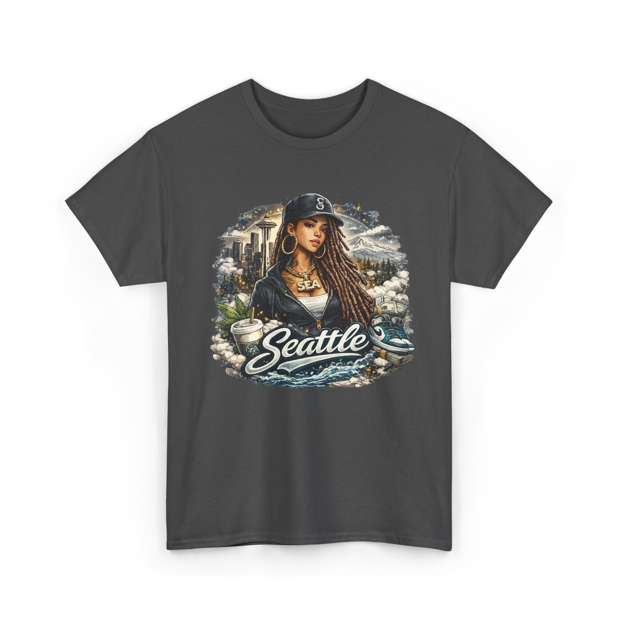 Seattle Cityscape Tee — Woman Portrait Coffee & Skyline Graphic T-Shirt – Bamerix