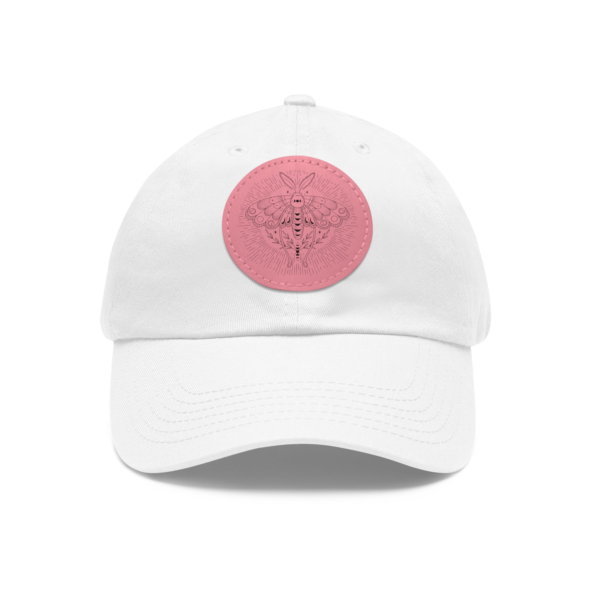 White cap with a pink patch featuring a logo on a white background