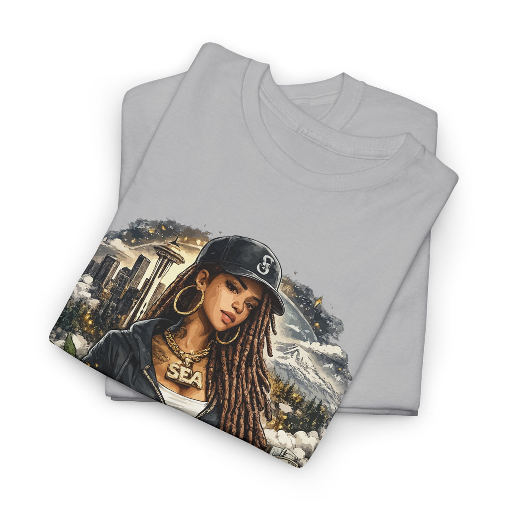 Seattle Cityscape Tee — Woman Portrait Coffee & Skyline Graphic T-Shirt – Bamerix