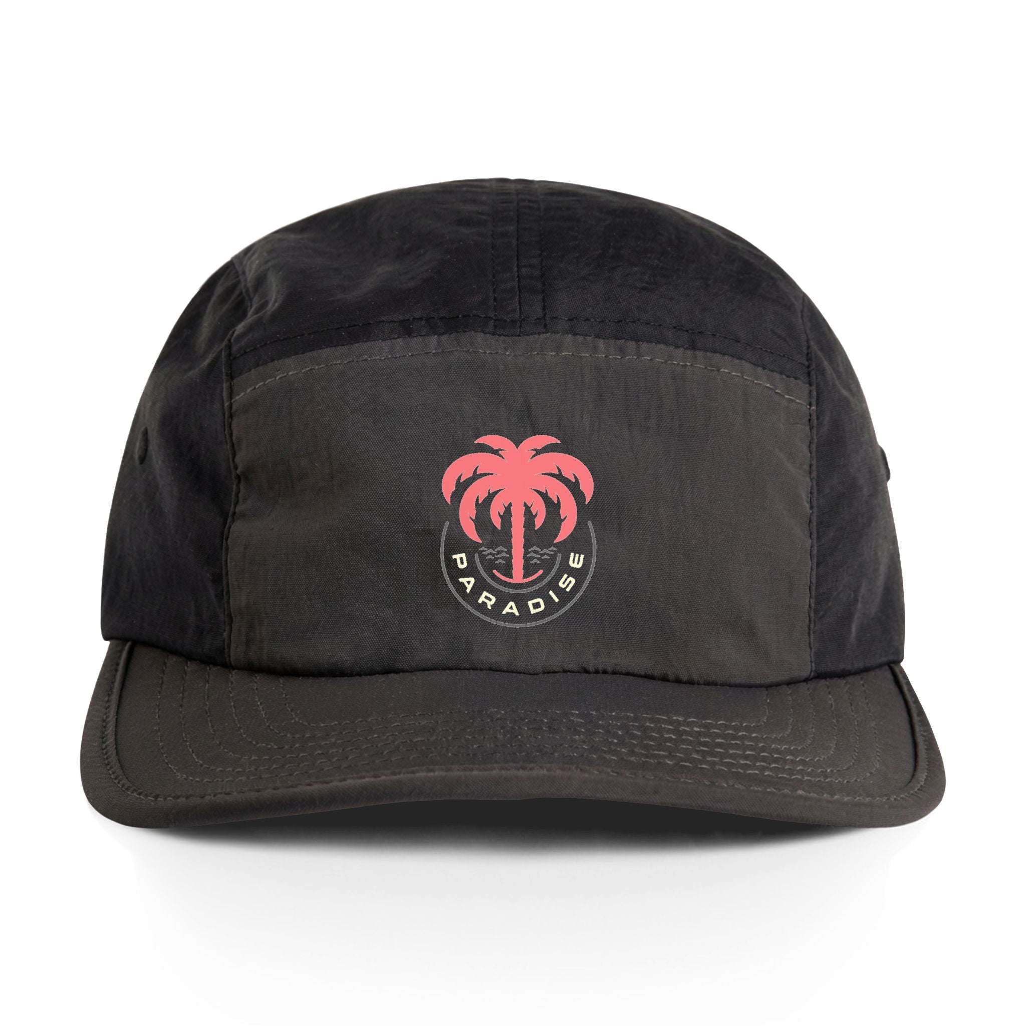 Black cap with pink palm tree design on a white background