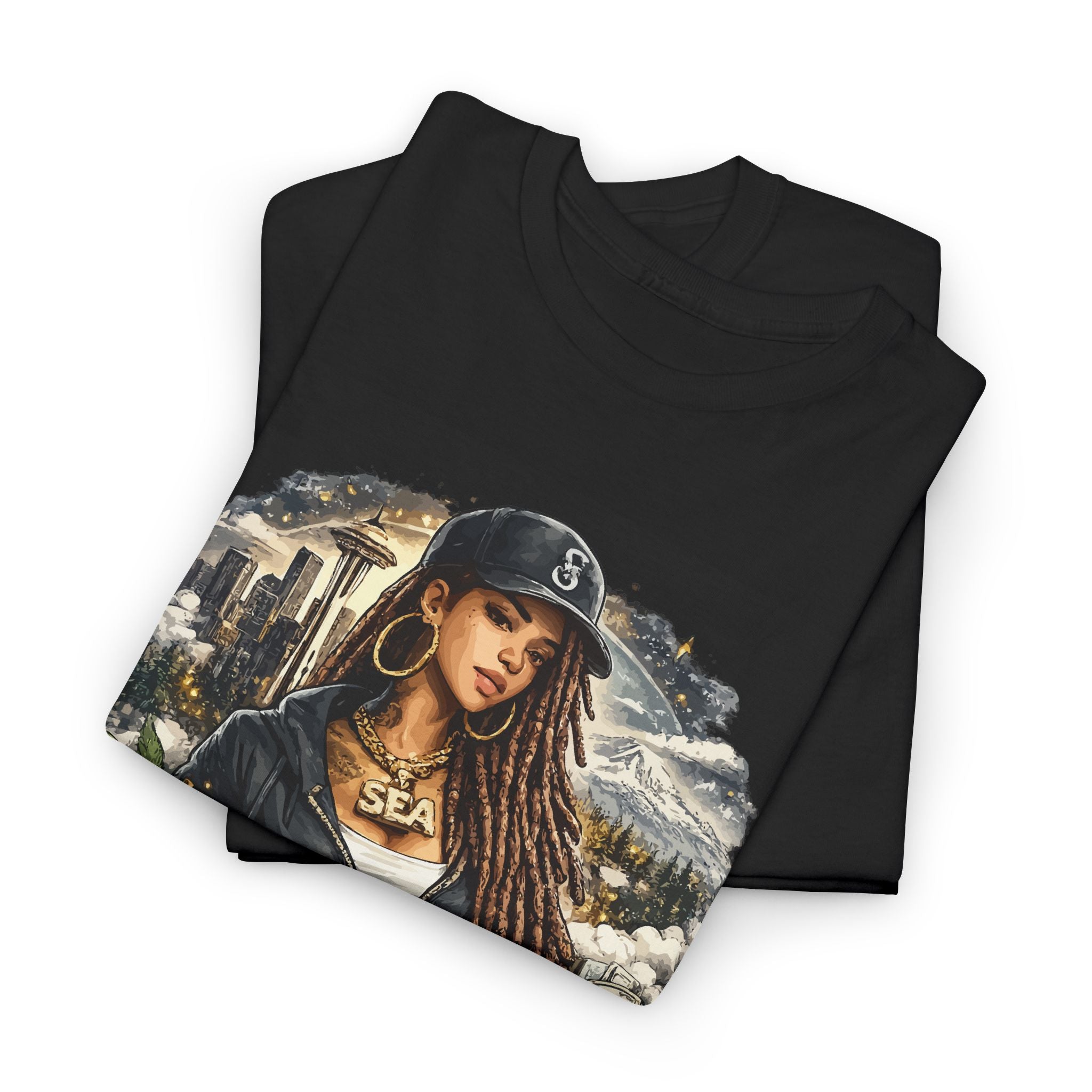 Seattle Cityscape Tee — Woman Portrait Coffee & Skyline Graphic T-Shirt – Bamerix