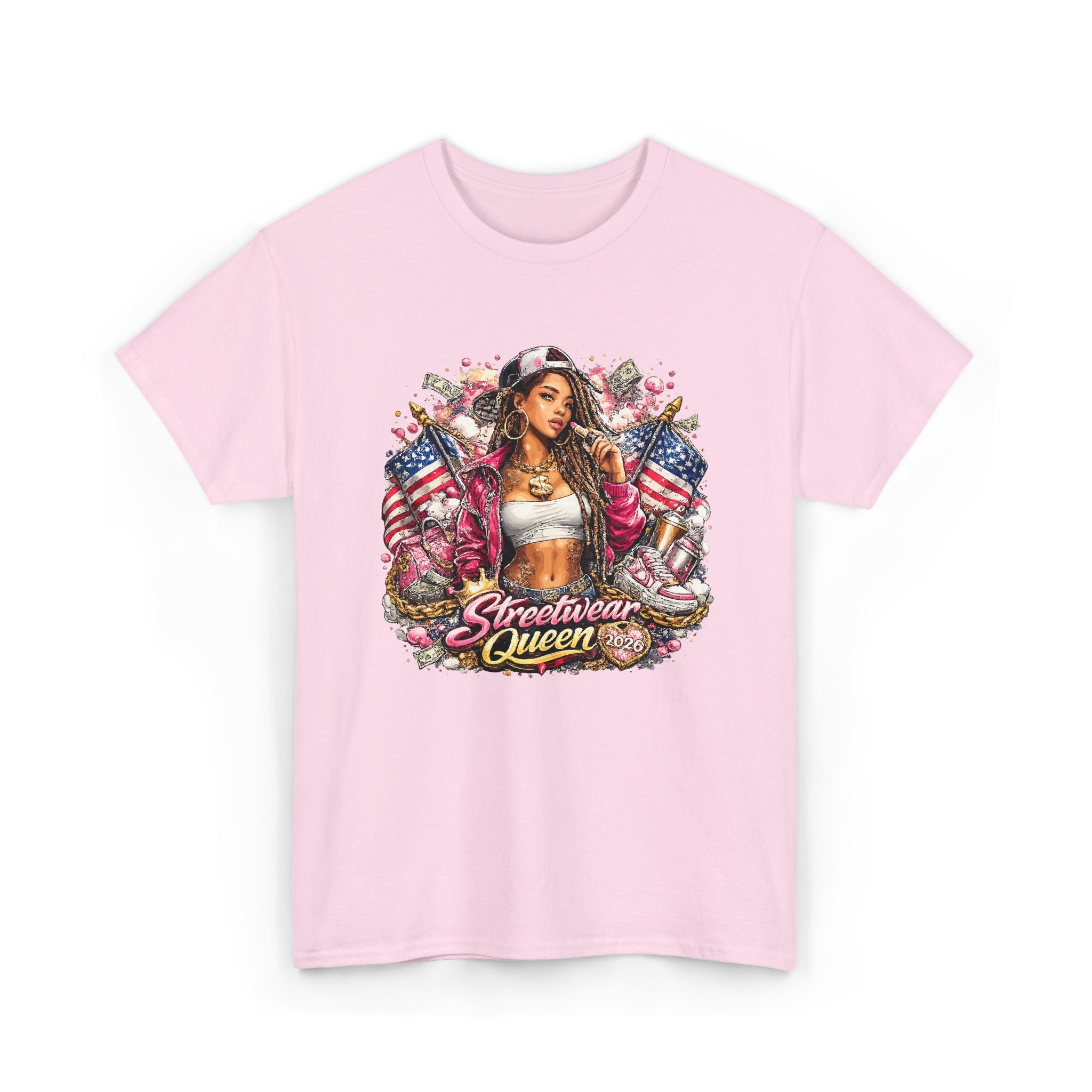Streetwear Queen Tee — Retro Chicana Art American Flag Graphic T-Shirt – Bamerix