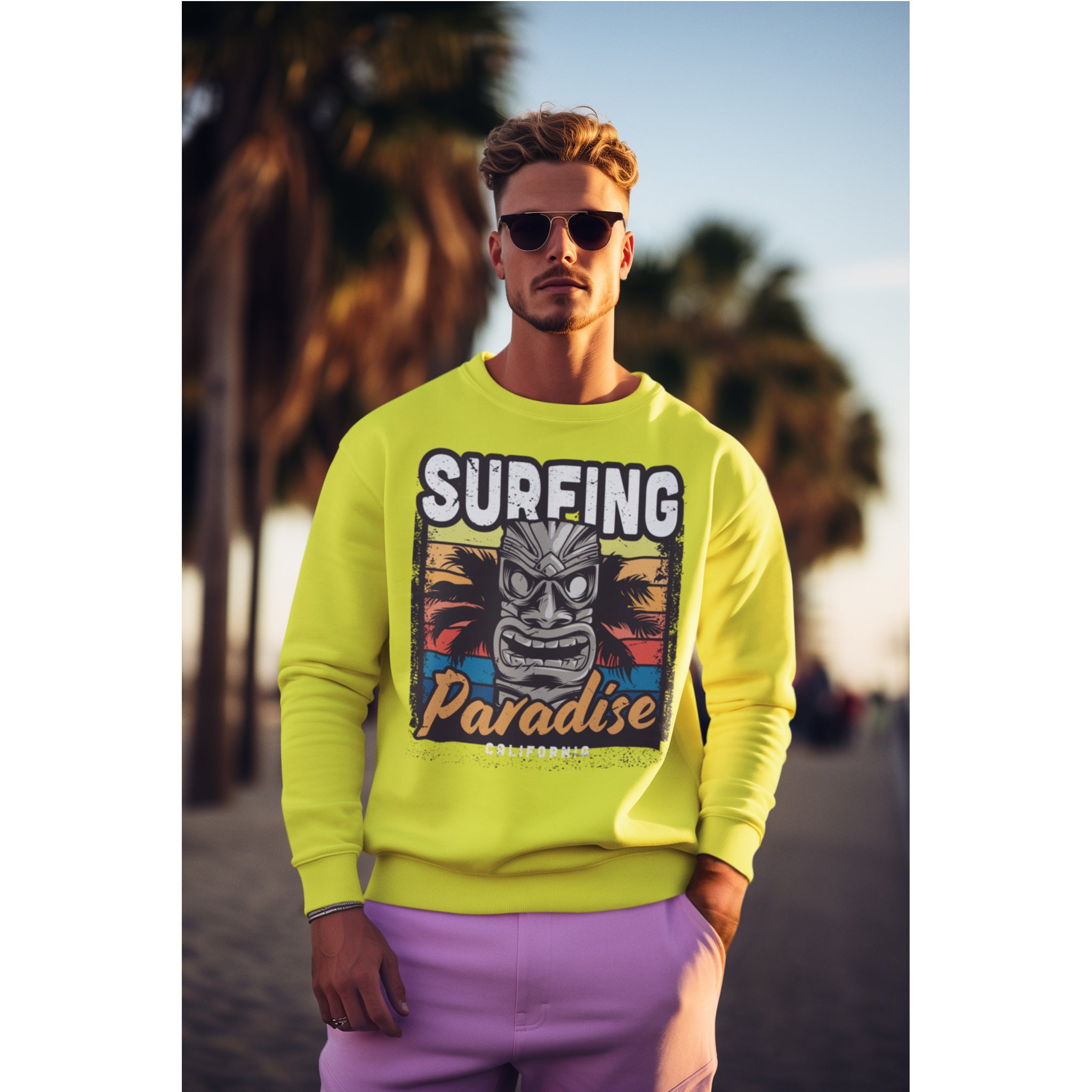 Man wearing a bright yellow sweatshirt with 'Surfing Paradise' graphic in a beach setting.