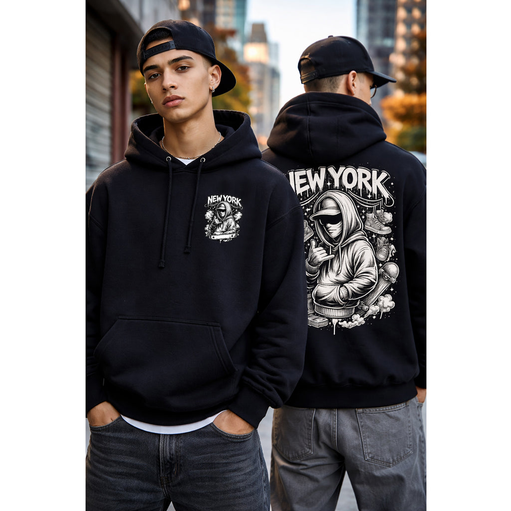 Two people wearing black hoodies with 'New York' designs, one facing forward and one facing backward, in an urban setting.