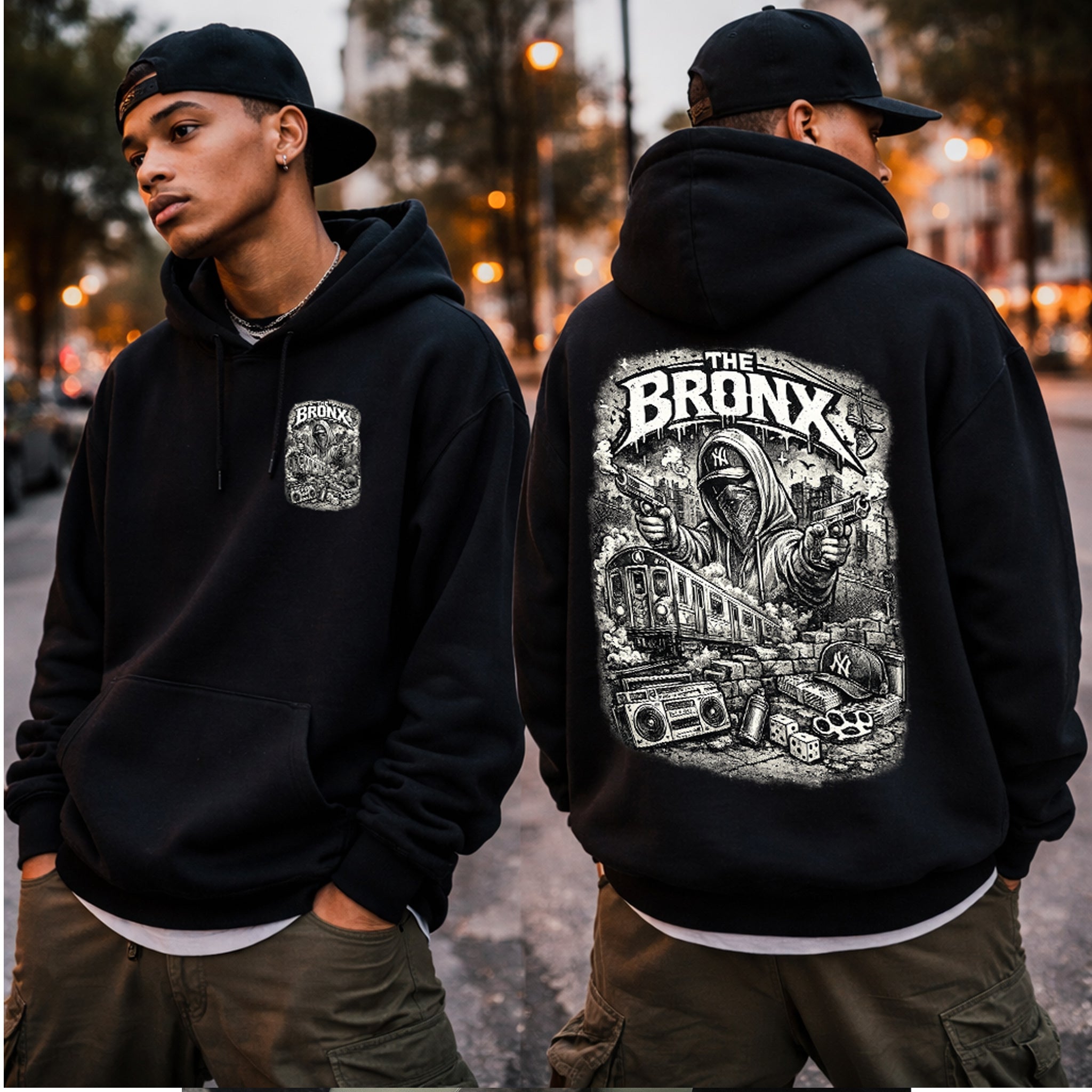 Person wearing a black hoodie with 'The Bronx' graphic design outdoors.