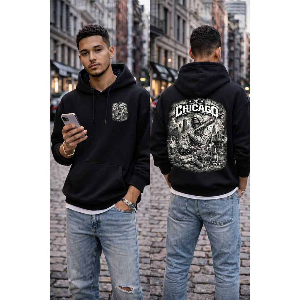 Man wearing a black hoodie with 'Chicago' design, standing on a city street.