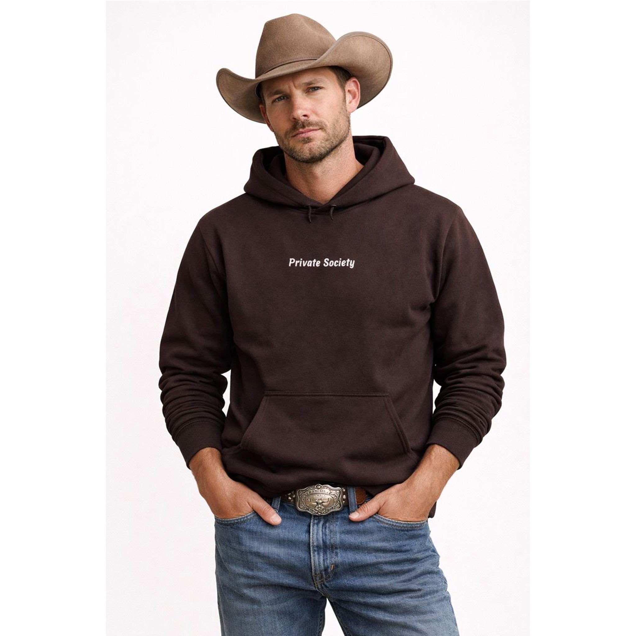 Man wearing a brown hoodie with 'Private Society' text, blue jeans, and a cowboy hat on a white background  – Bamerix