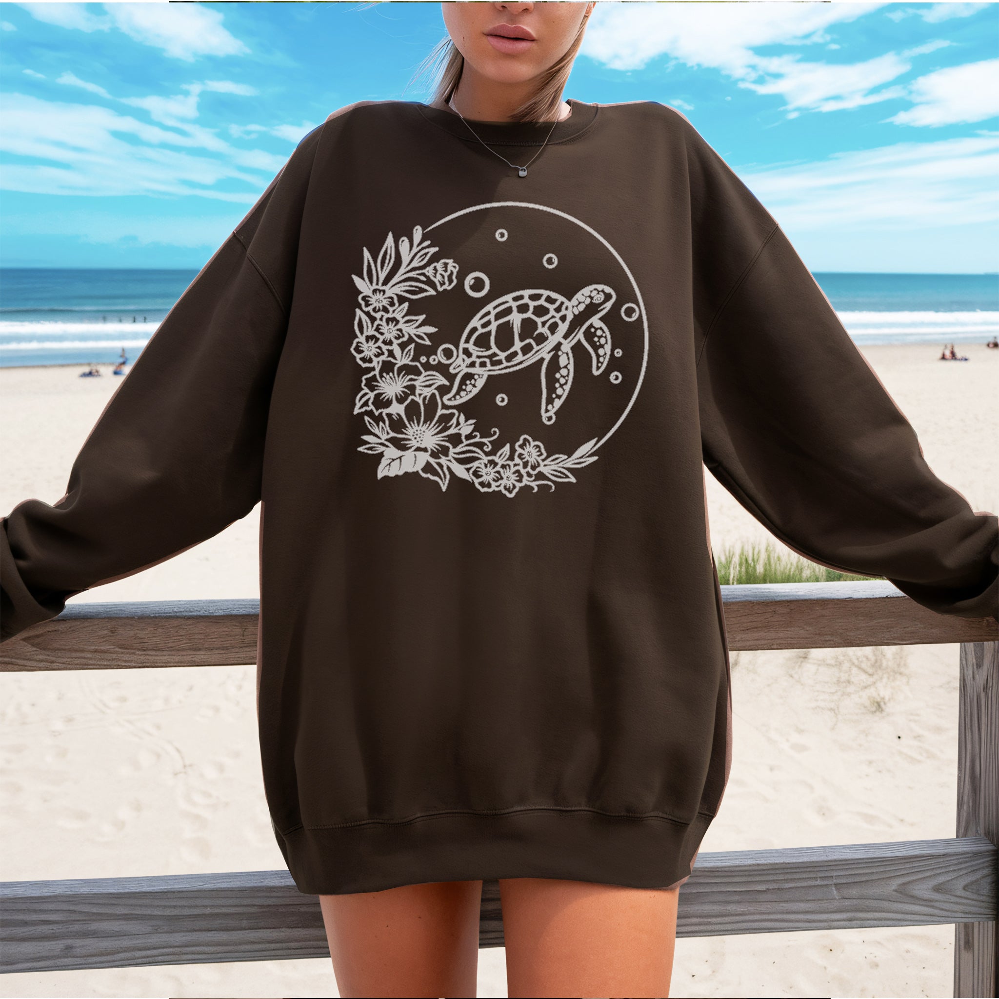 Sea Turtle Floral Crewneck Sweatshirt  Moonlit Ocean Turtle Graphic – Bamerix