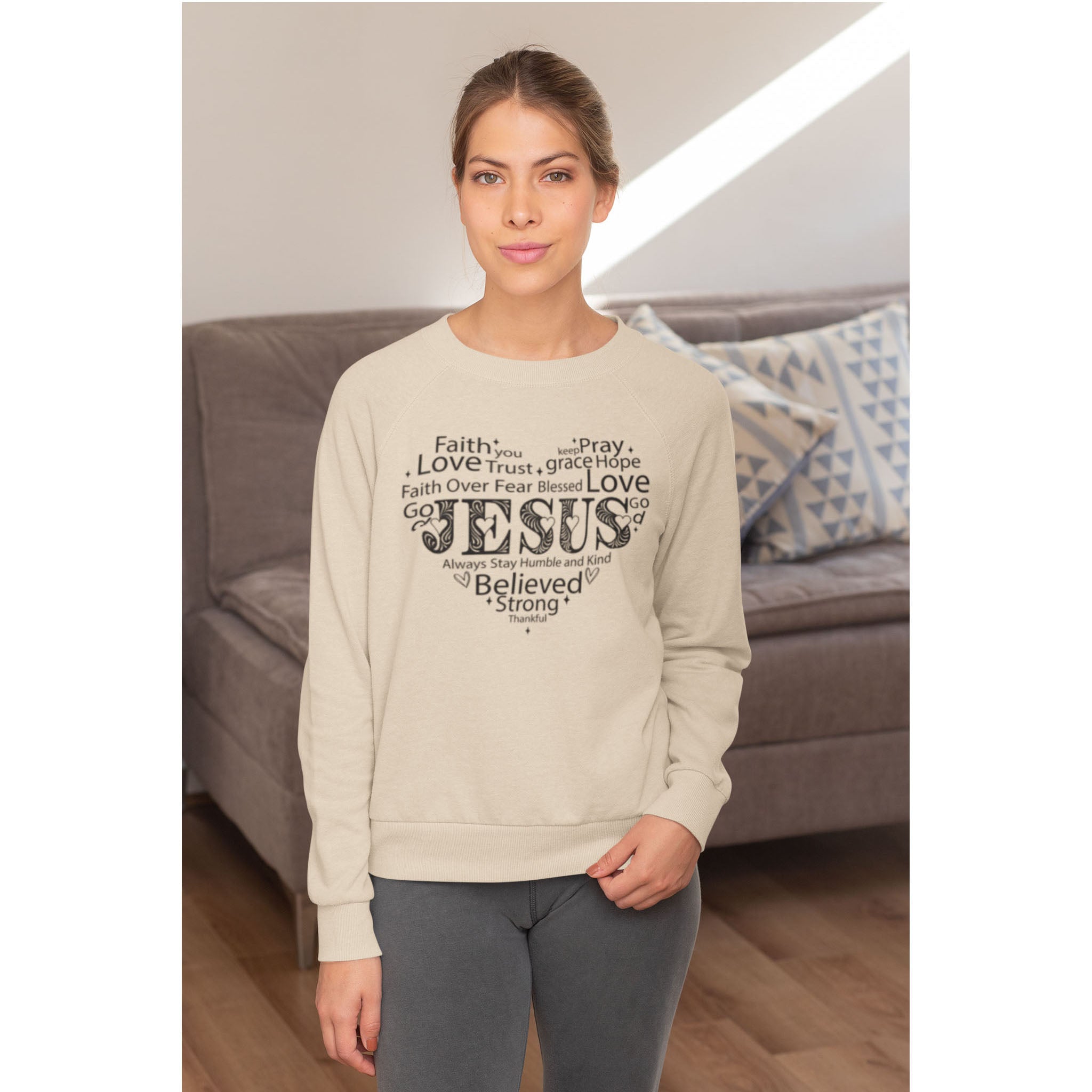 Woman wearing a beige sweatshirt with text in a living room style by Bamerix.