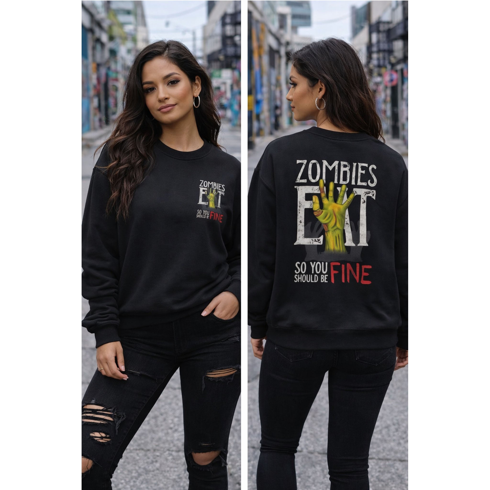 Woman wearing a black sweatshirt with a humorous zombie-themed design in an urban setting.