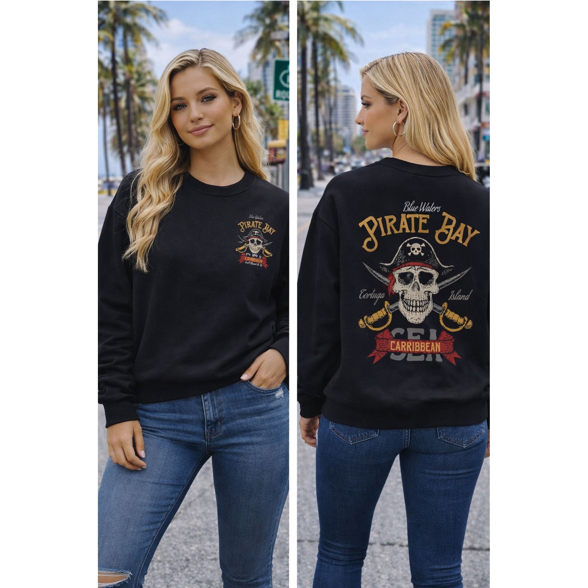 Woman wearing a black sweatshirt with 'Pirate Bay' design, standing on a street with palm trees.