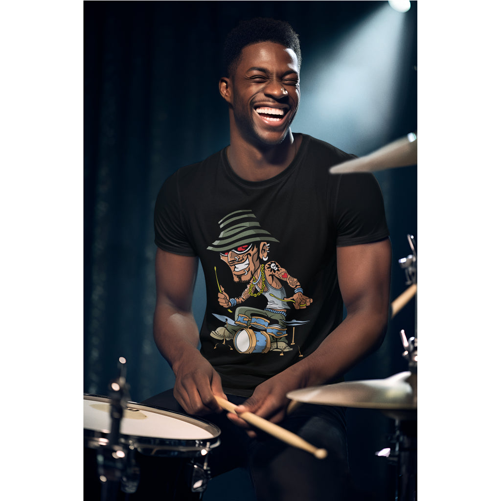 Man playing drums wearing a black t-shirt with a graphic design.