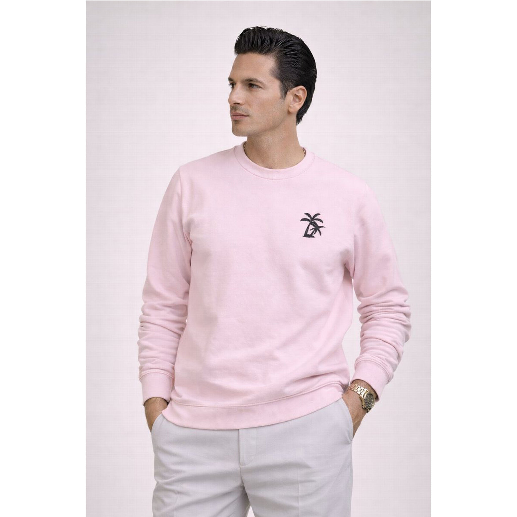Man wearing a pink sweatshirt with a logo on a light gray background
