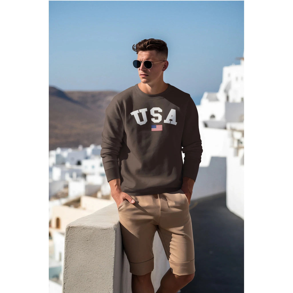 Man wearing a 'USA' sweatshirt with an American flag in a scenic location.