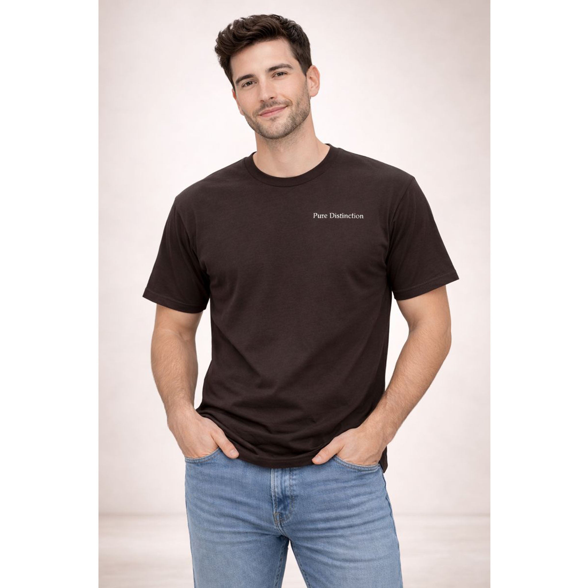 Man wearing a black t-shirt with text and blue jeans on a plain background – Bamerix