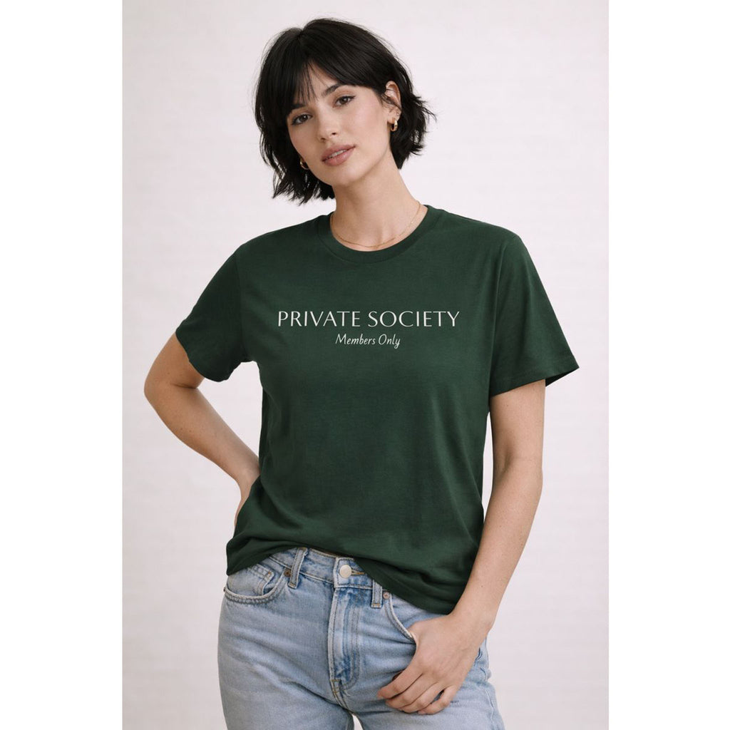 Woman wearing a green t-shirt with 'PRIVATE SOCIETY Members Only' text on a plain background
