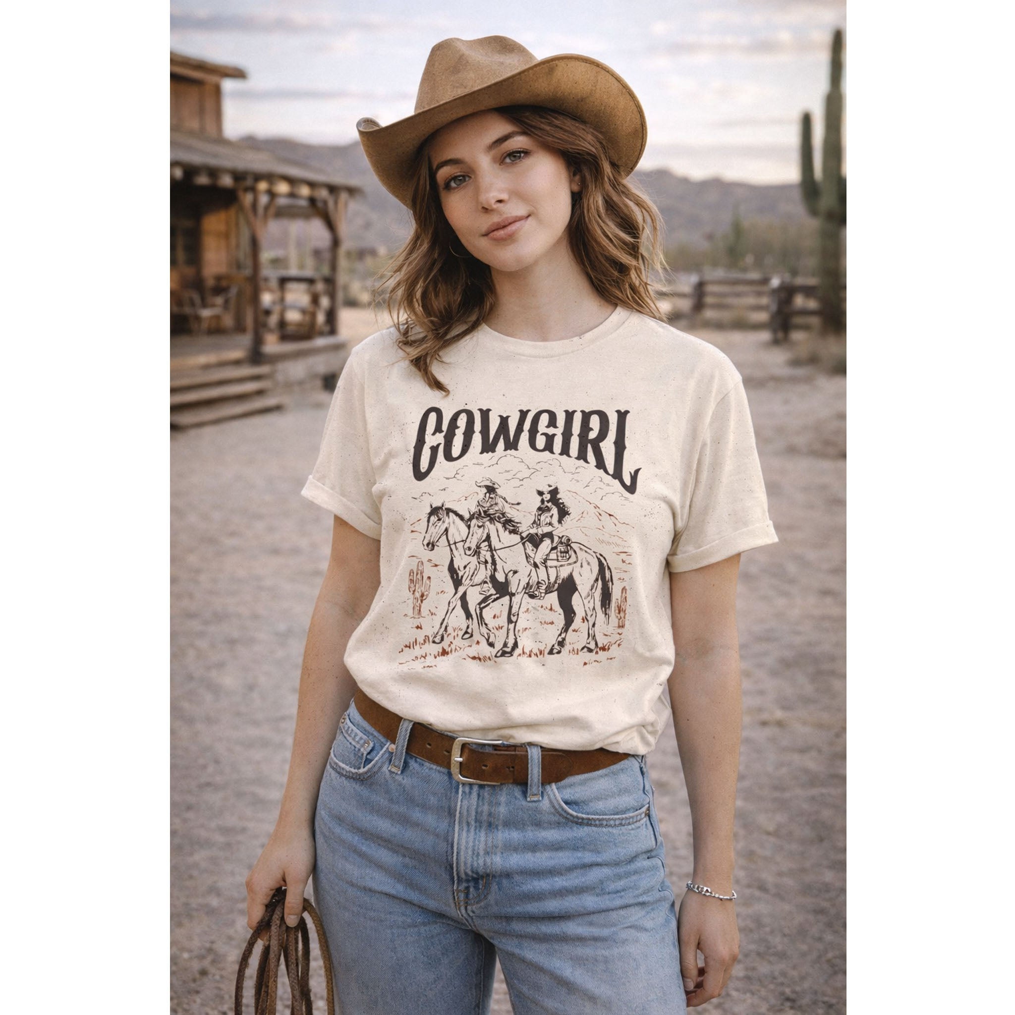 Woman wearing a 'Cowgirl' t-shirt with a western graphic in a desert setting.