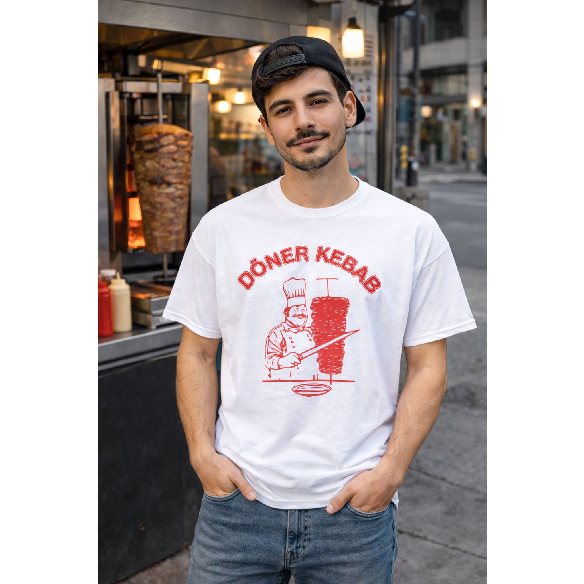 Man wearing a white t-shirt with 'DÖner Kebab' design standing in front of a food cart.