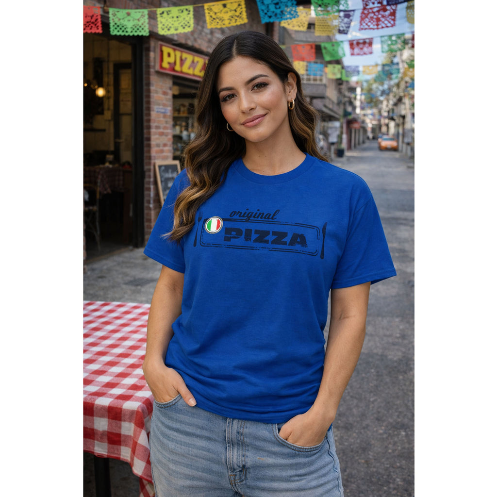Woman wearing a blue 'original pizza' t-shirt in front of a pizzeria.