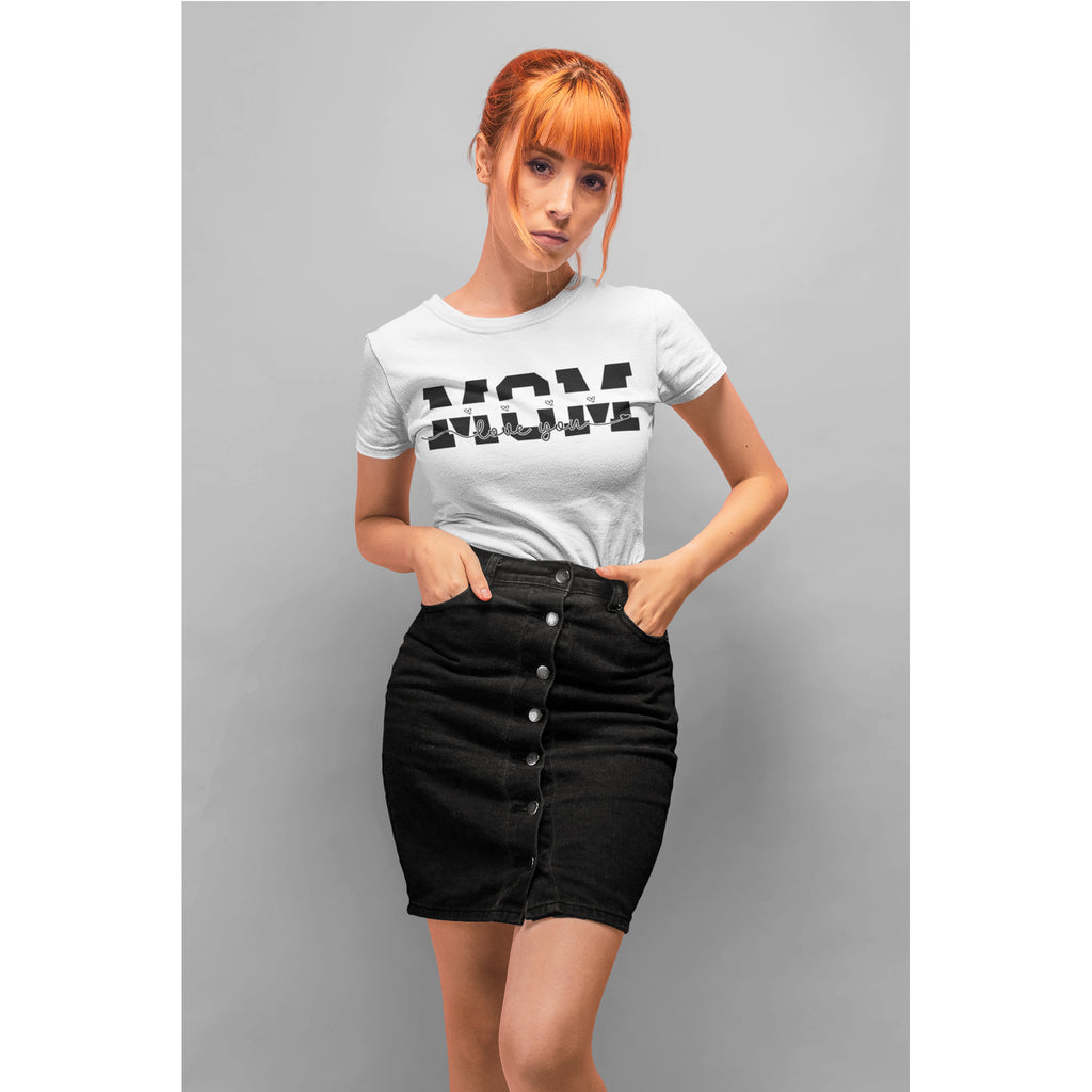 Woman wearing a white t-shirt with text and a black skirt on a gray background – Bamerix