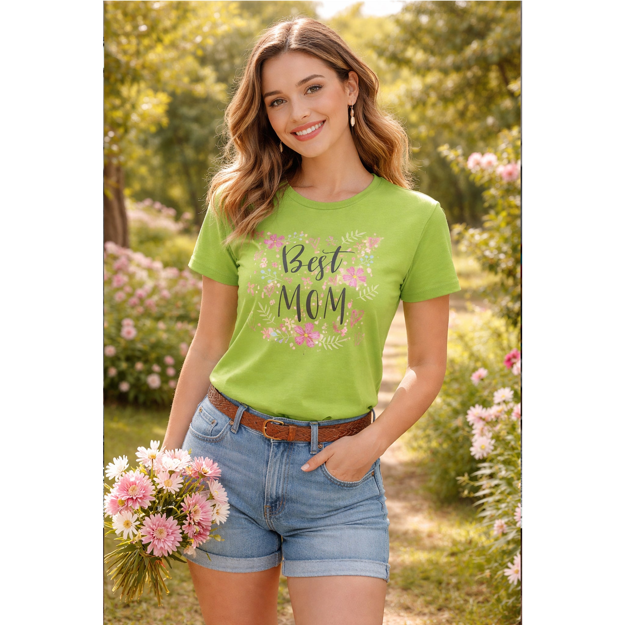 Woman wearing a green 'Best Mom' t-shirt in a garden setting