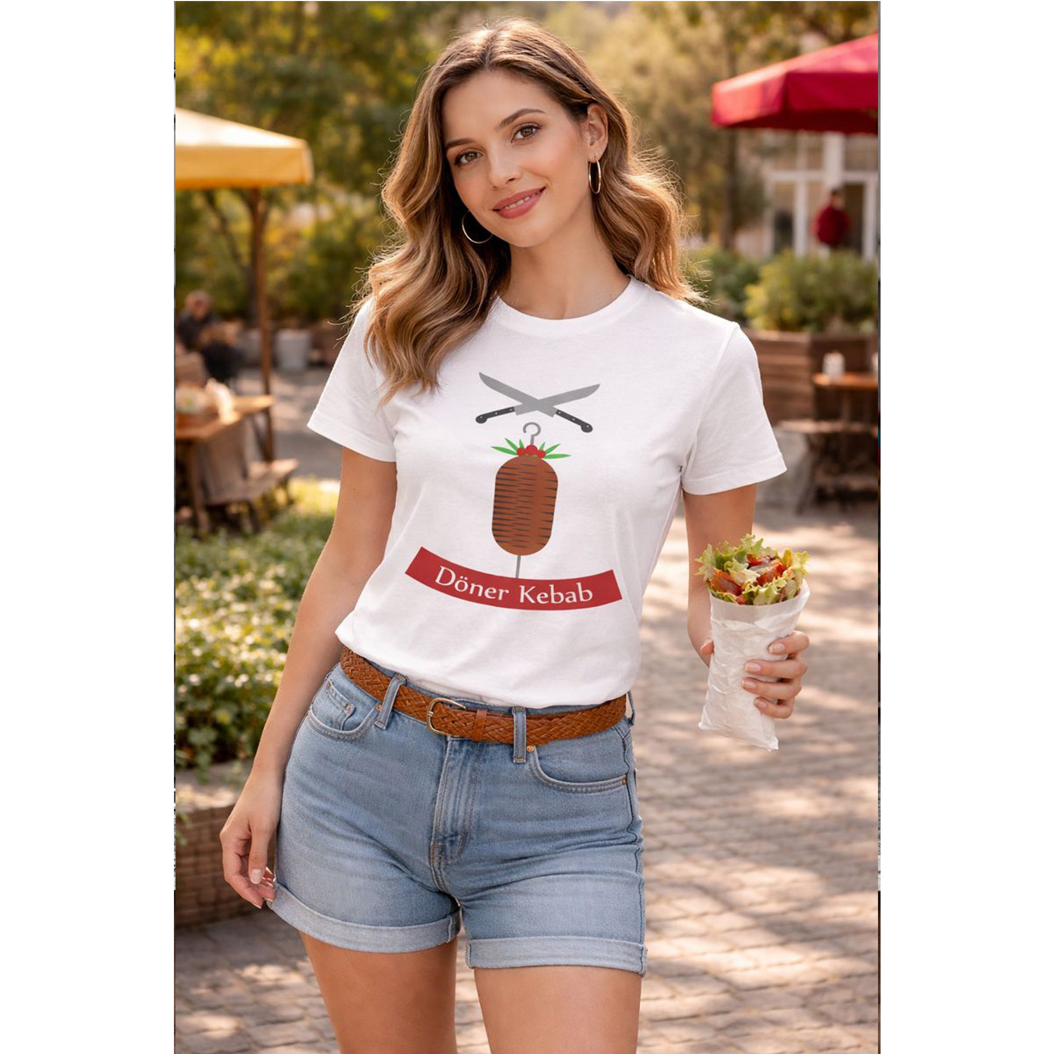 Woman wearing a 'Doner Kebab' t-shirt outdoors