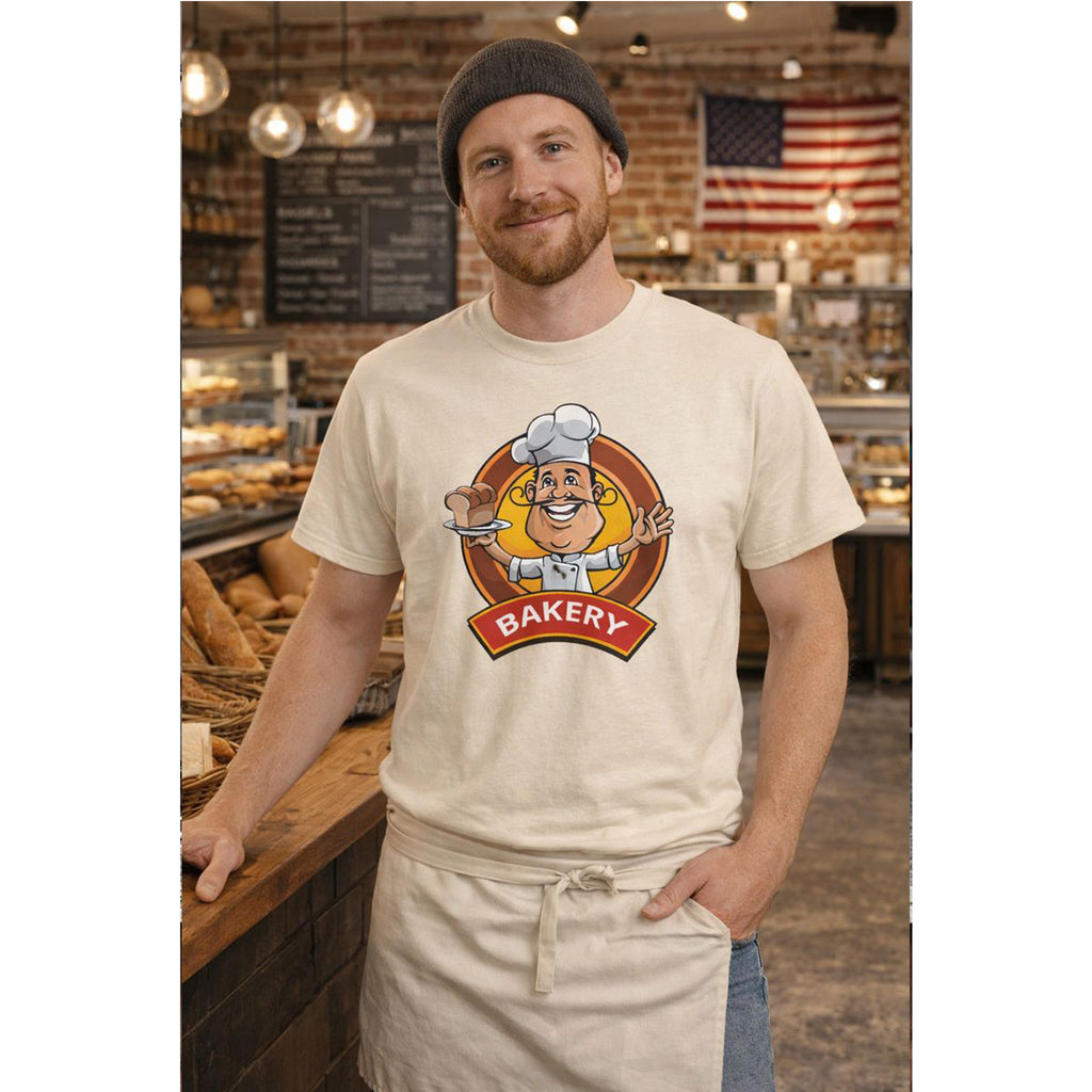 Man wearing a t-shirt with a bakery graphic in a bakery setting – Bamerix