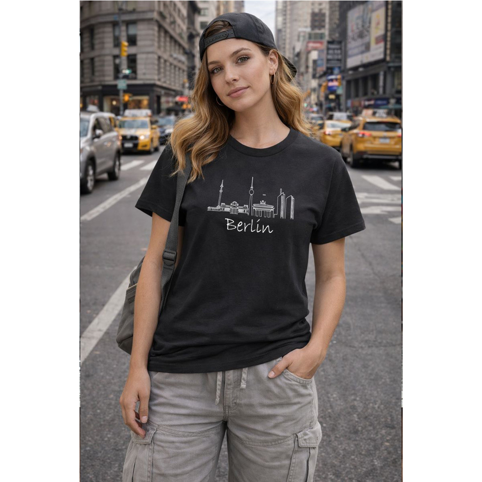 Woman wearing a black t-shirt with 'Berlin' design on a city street.