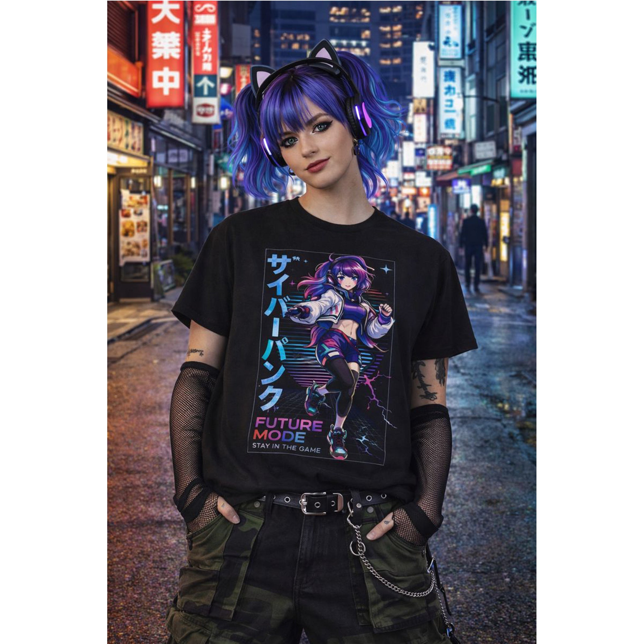 Person wearing a black t-shirt with a futuristic design on a city street at night.