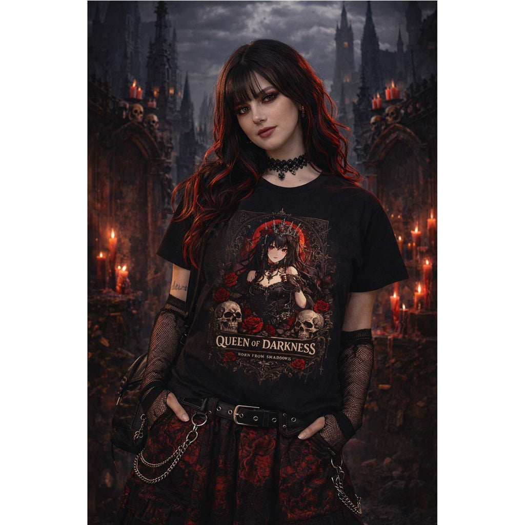 Person wearing a black t-shirt with 'Queen of Darkness' design in a gothic setting – Bamerix