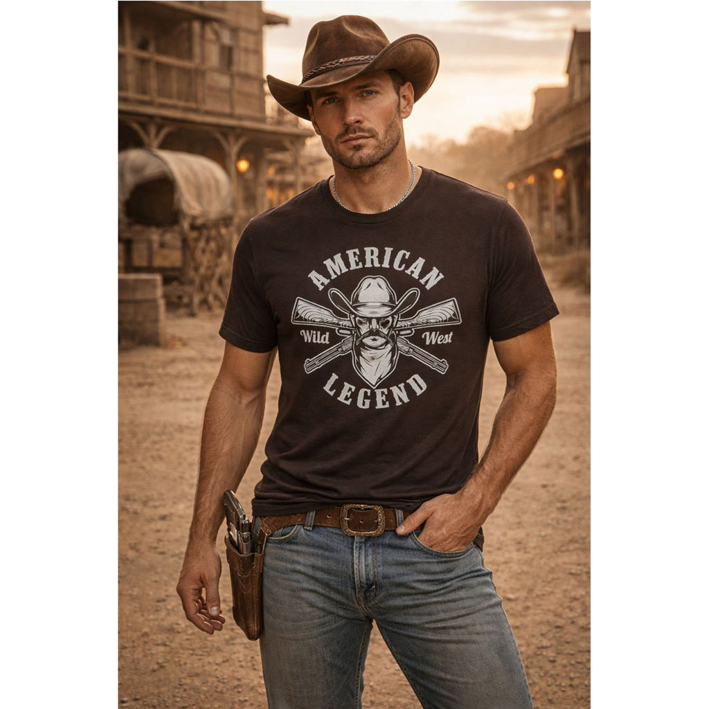Man wearing a black t-shirt with 'American Legend' graphic in a western setting – Bamerix