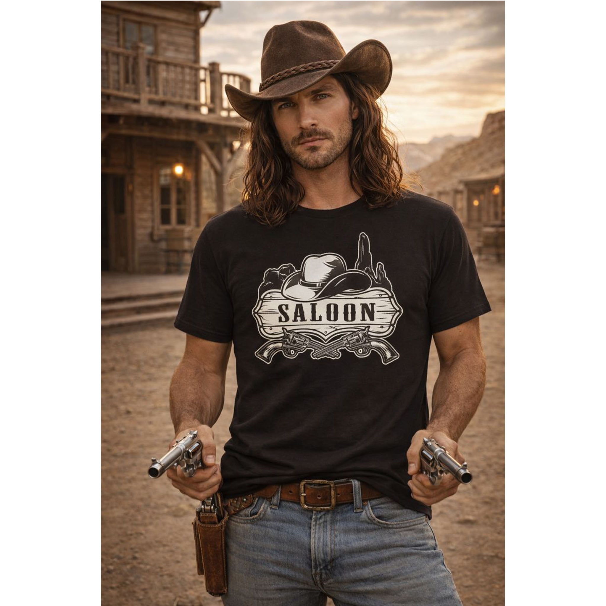 Man in cowboy hat and black t-shirt with 'Saloon' design, holding guns in a western setting.