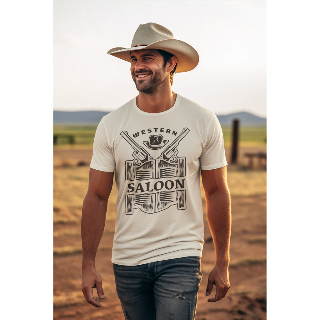 Man wearing a 'Western Saloon' t-shirt and cowboy hat in a desert setting – Bamerix