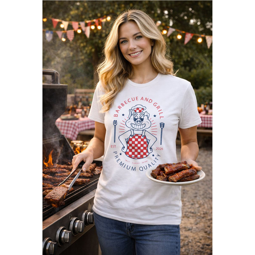 bamerix Woman grilling outdoors wearing a t-shirt with a barbecue graphic.