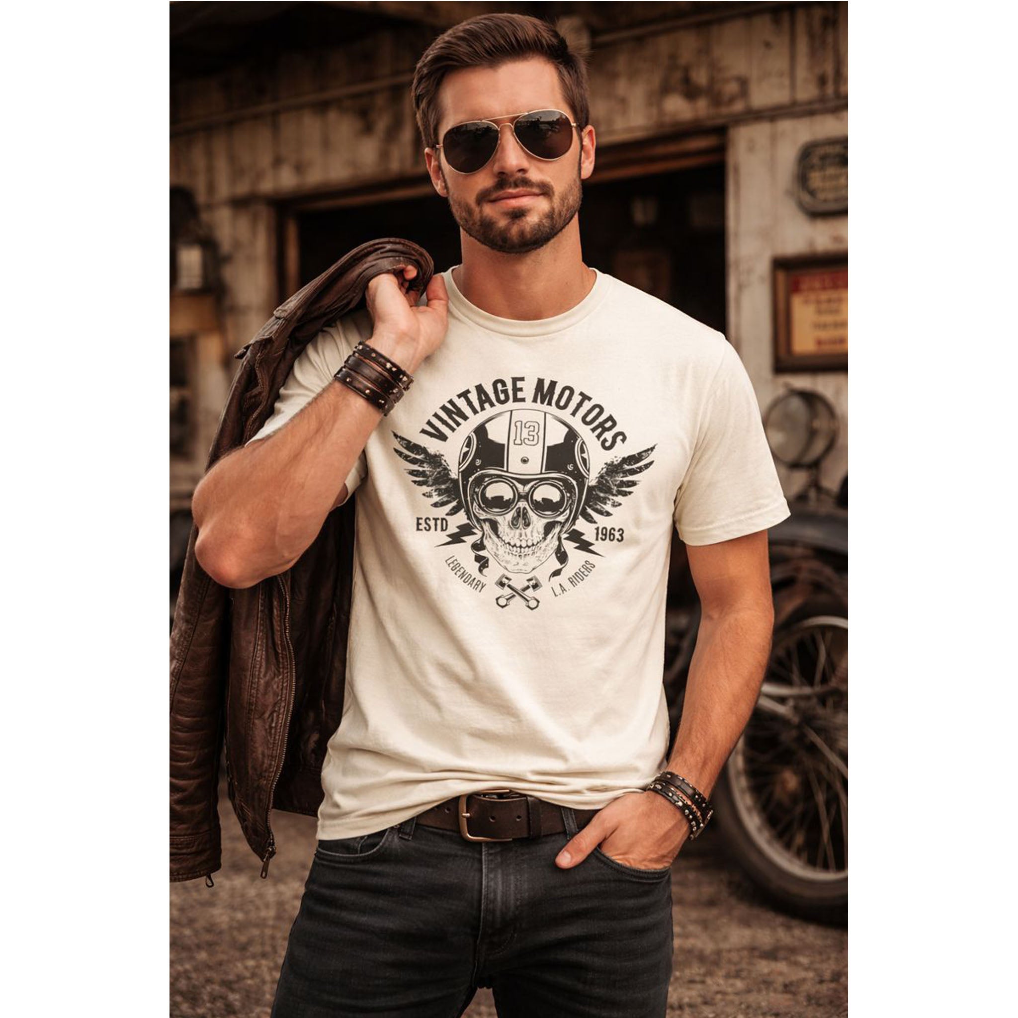Man wearing a 'Vintage Motors' t-shirt with a skull design, standing in a rustic setting.