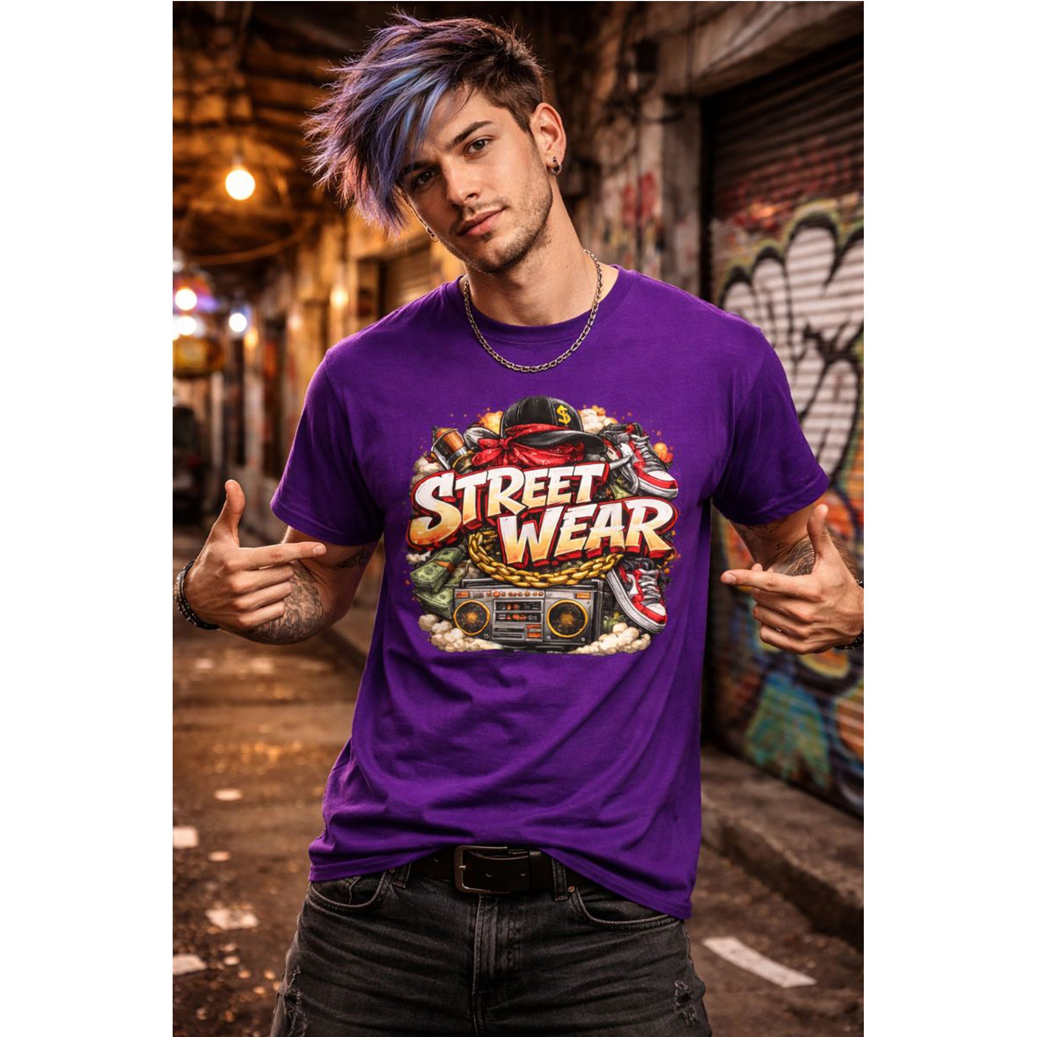 Person wearing a purple 'Street Wear' t-shirt in an urban setting