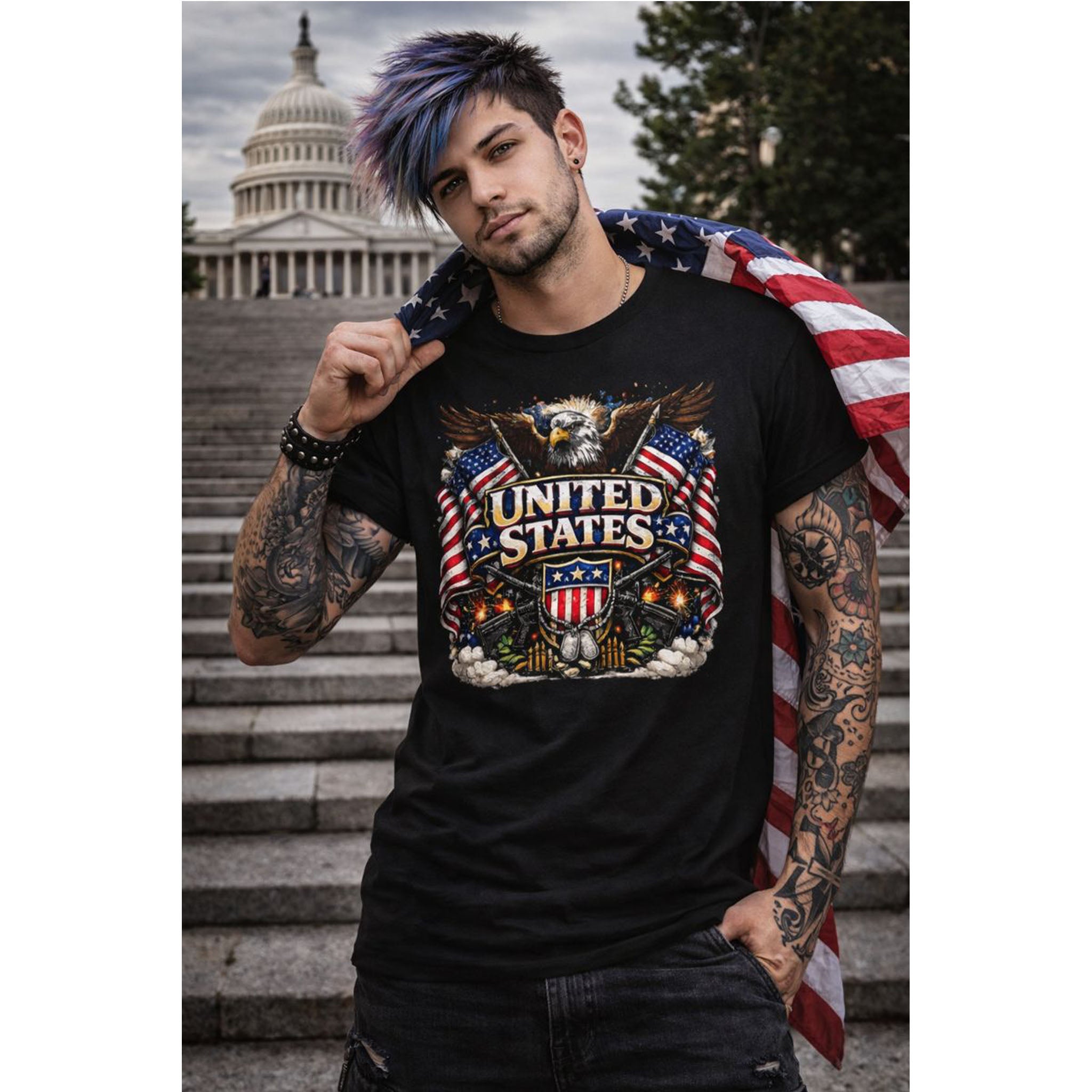 Person wearing a black t-shirt with a 'United States' design in front of the U.S. Capitol building.