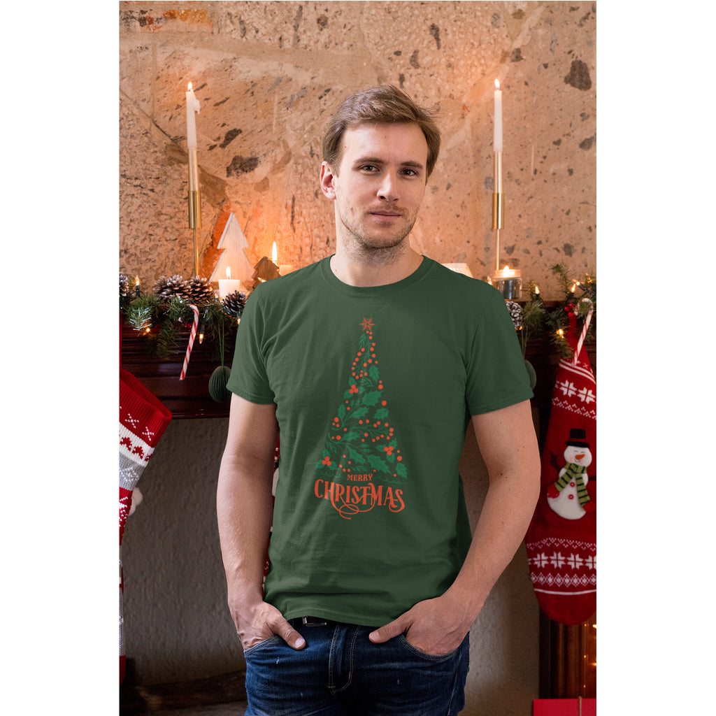 Man wearing a green t-shirt with a Christmas tree design in a festive setting.