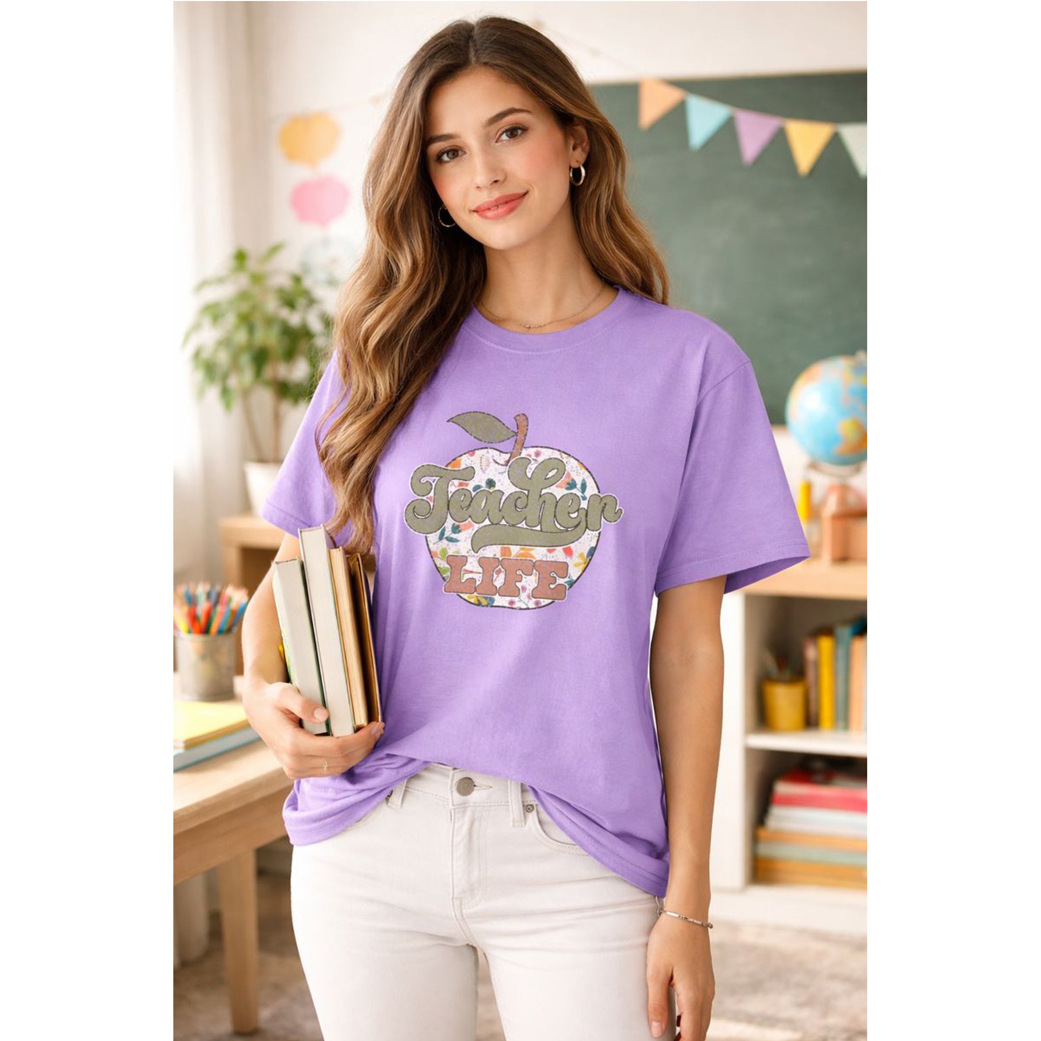 bamerix Woman wearing a purple t-shirt with a teacher design in a classroom setting