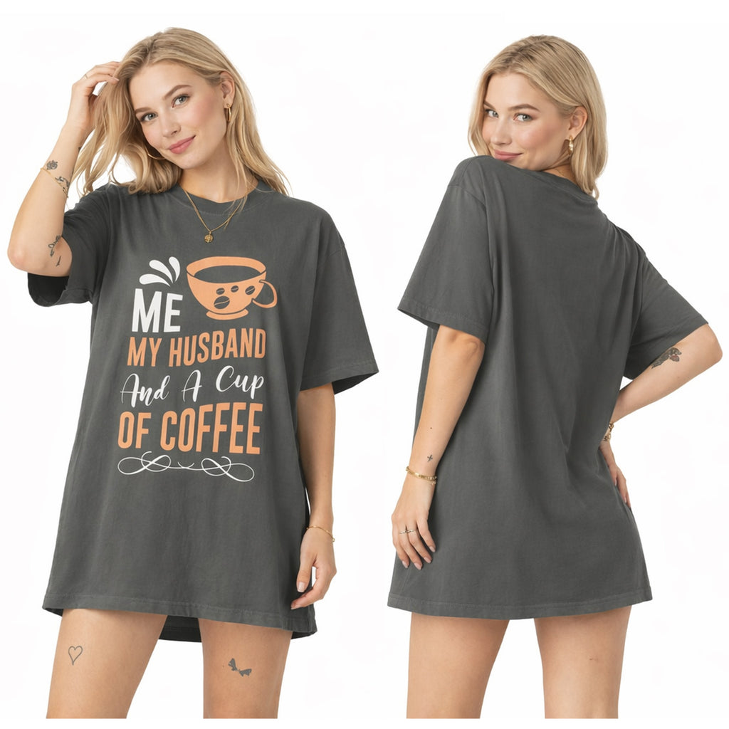 Woman wearing a gray t-shirt with text and a graphic of a coffee cup, shown from front and back. bamerix