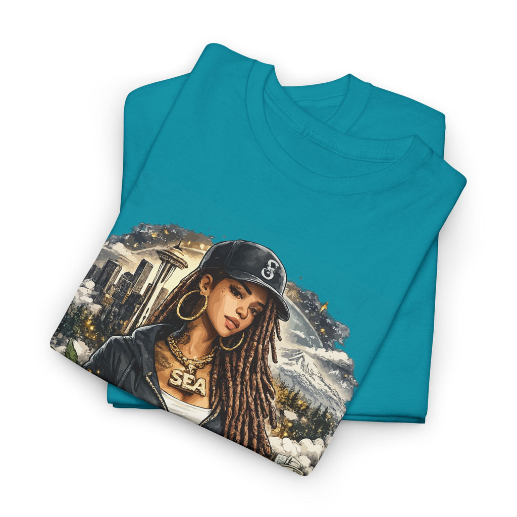 Seattle Cityscape Tee — Woman Portrait Coffee & Skyline Graphic T-Shirt – Bamerix