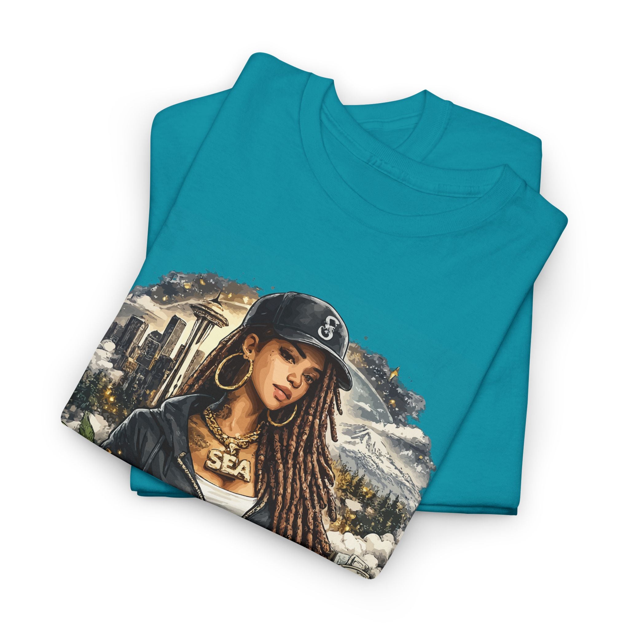 Seattle Cityscape Tee — Woman Portrait Coffee & Skyline Graphic T-Shirt – Bamerix