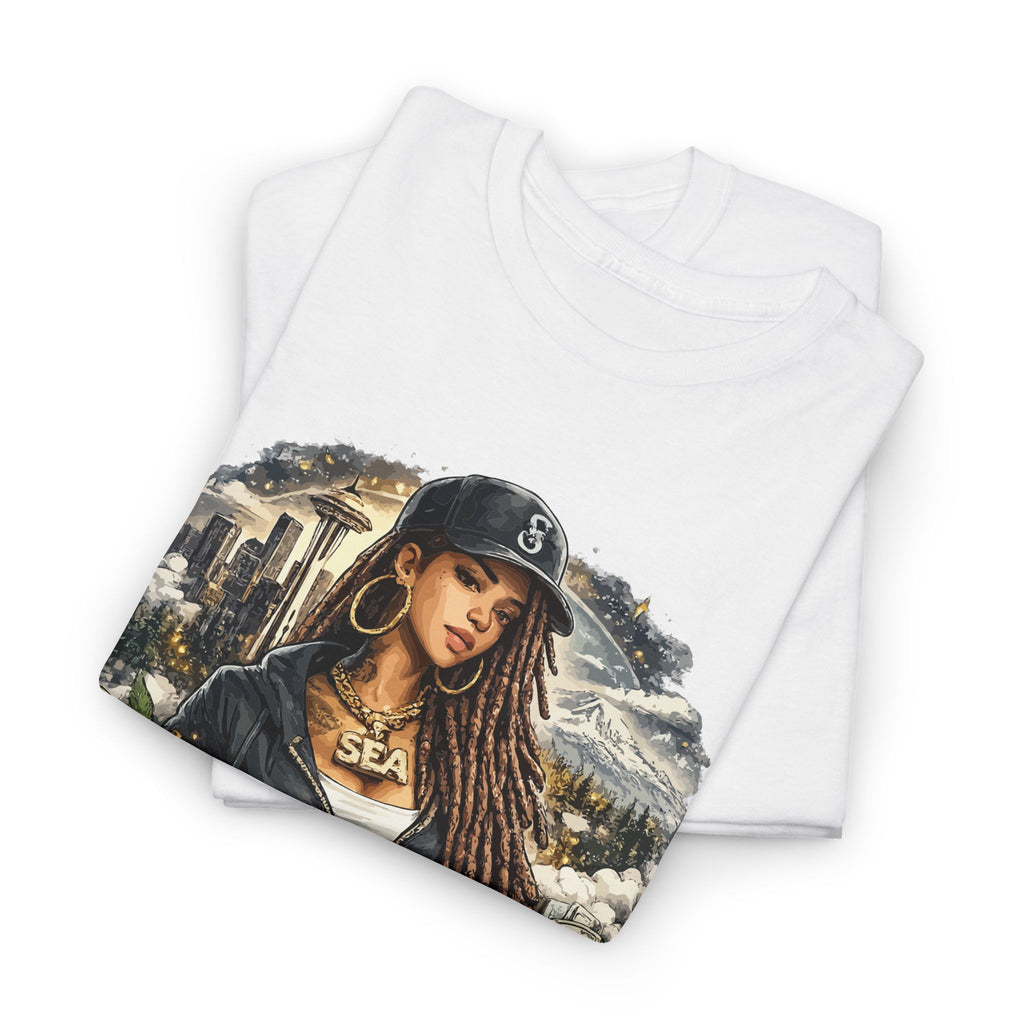 Seattle Cityscape Tee — Woman Portrait Coffee & Skyline Graphic T-Shirt – Bamerix