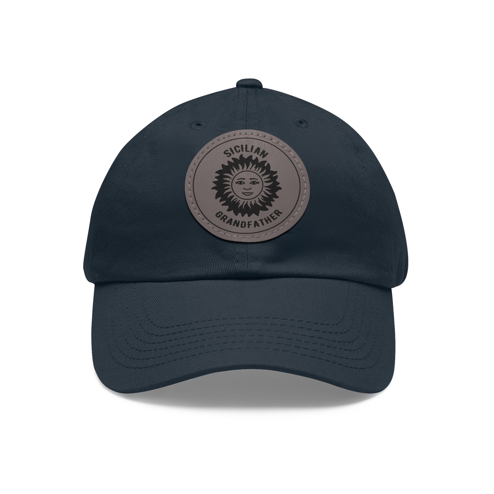Navy blue cap with a brown leather patch on a white background