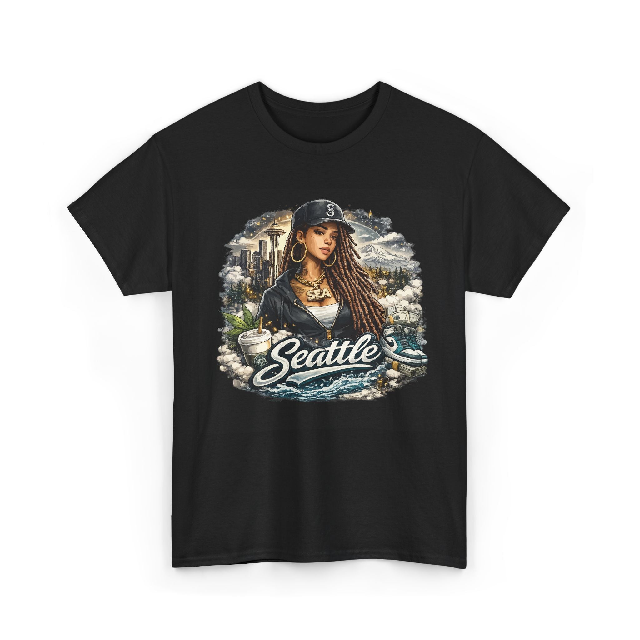 Seattle Cityscape Tee — Woman Portrait Coffee & Skyline Graphic T-Shirt – Bamerix